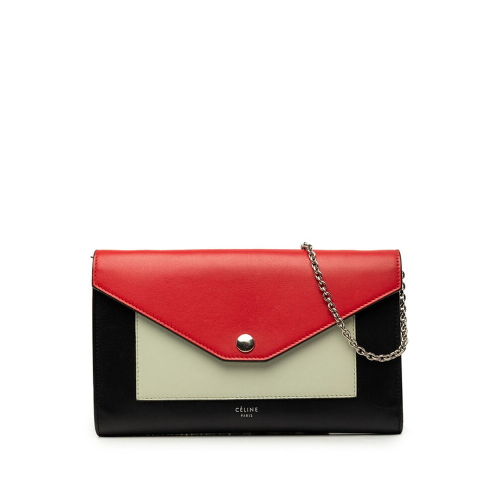 Celine Pocket Large Flap Crossbody Chain Shoulder Bag, Red, Black, White Leat...
